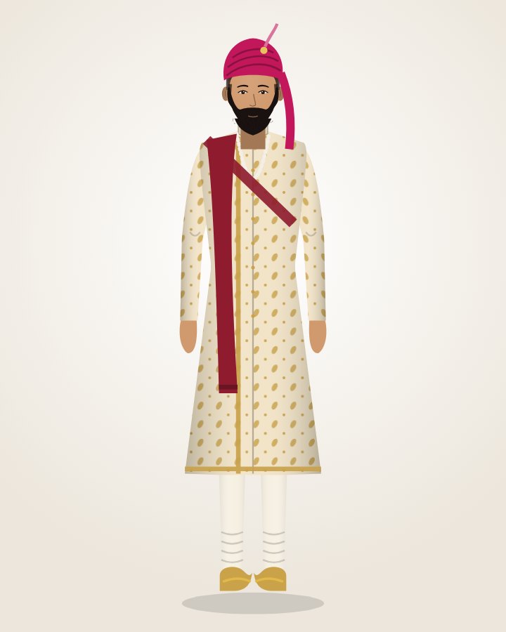 Ivory & Gold Groom Sherwani: ivory brocade with gold zari, rani pink safa