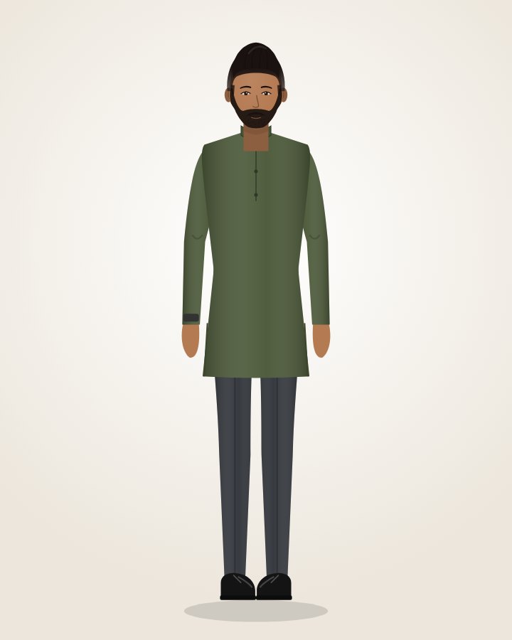 Mandarin-collar Shirt & Trousers: olive band-collar shirt with charcoal trousers
