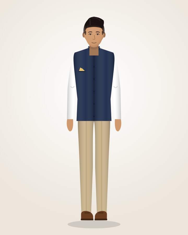Nehru Jacket, Shirt & Chinos: navy Nehru jacket over a white shirt with beige chinos