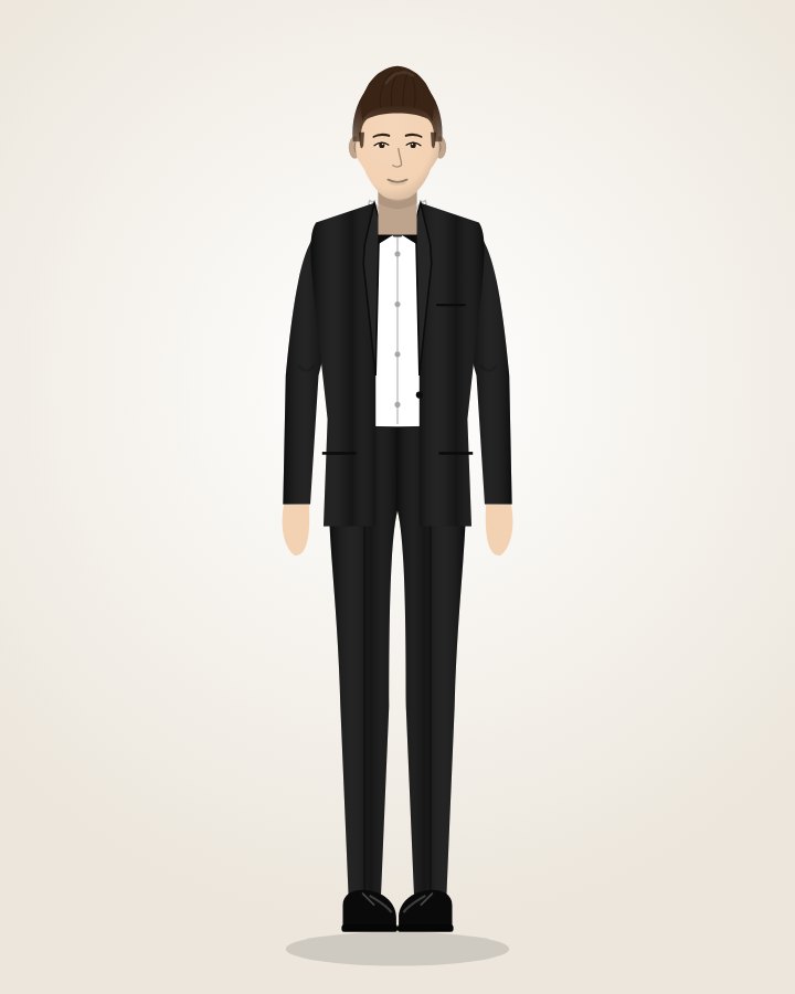Black Tuxedo: black wool with satin lapels and a bow tie
